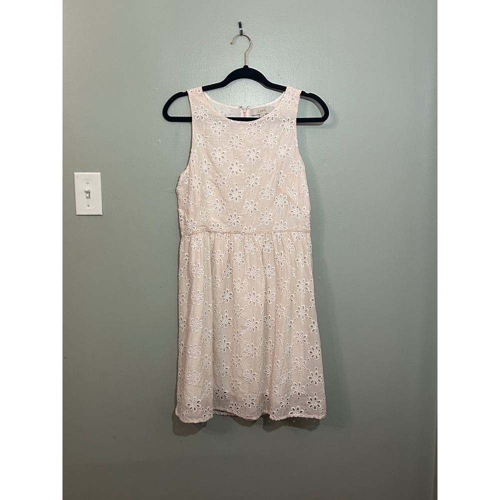 LOFT Light Pink Eyelet Cotton Silk Dress Womens 6 Floral Sleeveless Summer - Picture 2 of 8
